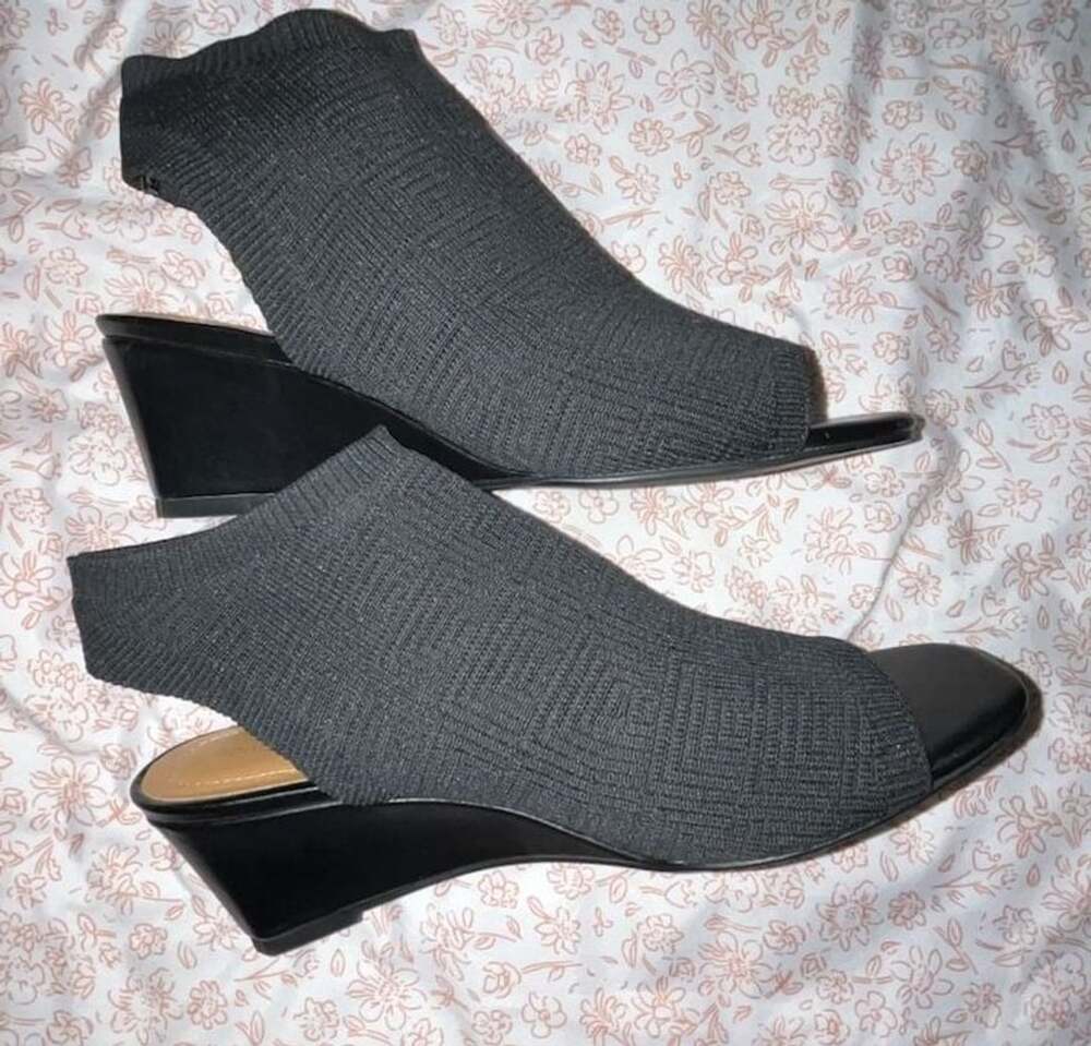 Adrienne Vittadini AV-Arena Black Knit Peep Toe Slingback Wedge Sandals